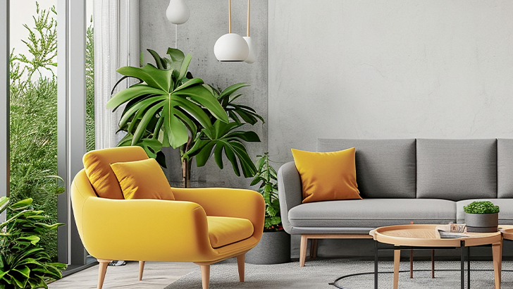 Interno di una casa con poltrone, con grnade superfice vetrata e piante in vista