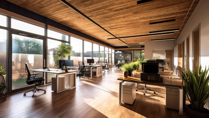 Ambiente di lavoro open space con ampie finestre per ufficio in alluminio